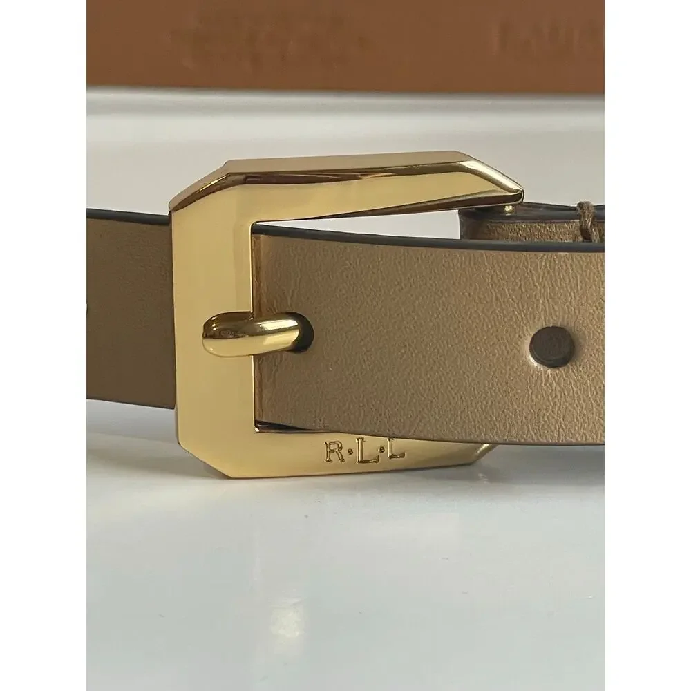 Lauren Ralph Lauren Women’s Tan Leather Belt Gold Square Link Connector M L